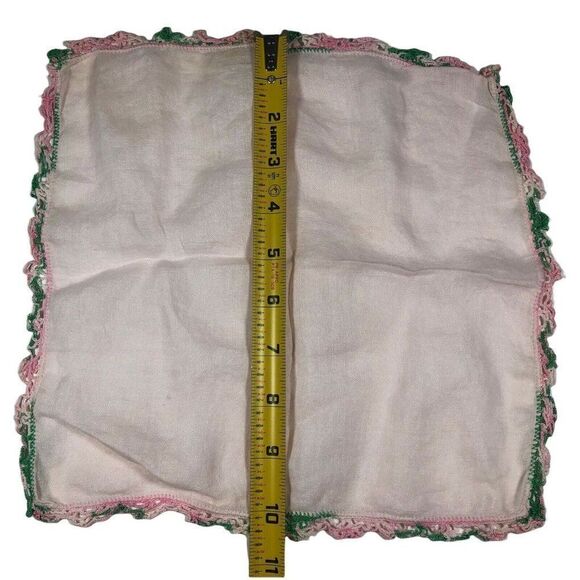 Vintage Handkerchief Hanky With Ombre Pink Green Crochet Border Pocket Scarf - Picture 4 of 5